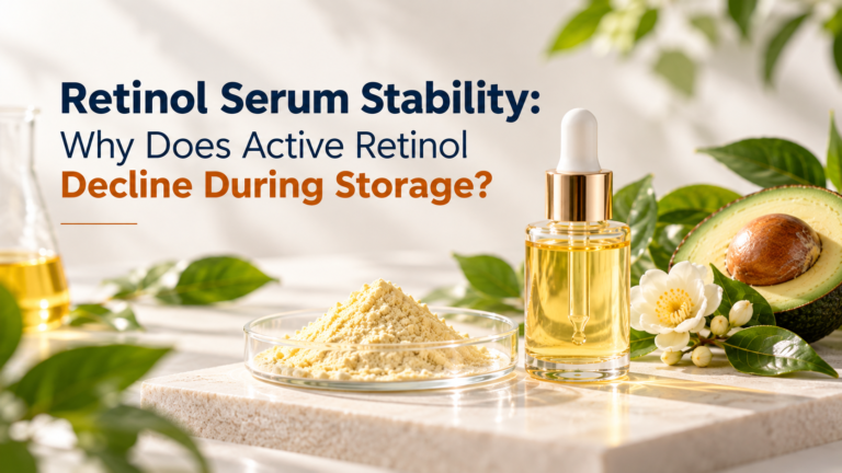 Retinol serum stability with golden serum, cosmetic ingredient powder and botanical materials